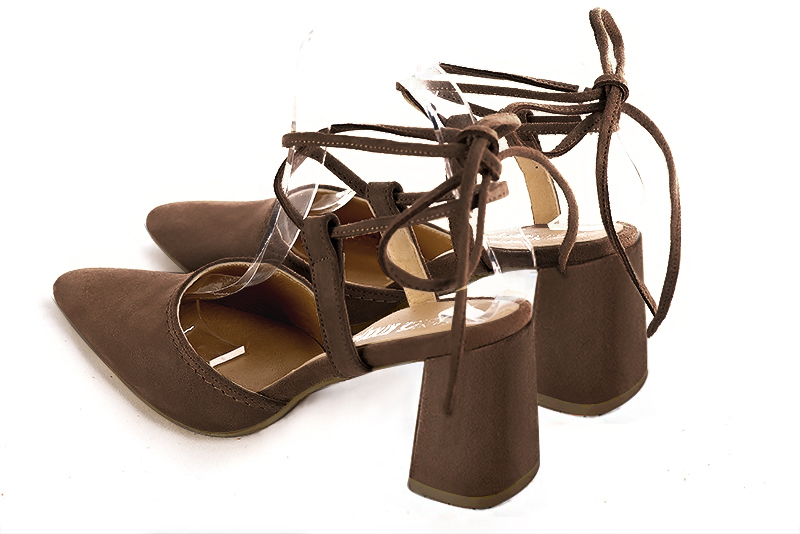 Chocolate brown women's open back shoes, with crossed straps. Tapered toe. High flare heels - Florence KOOIJMAN